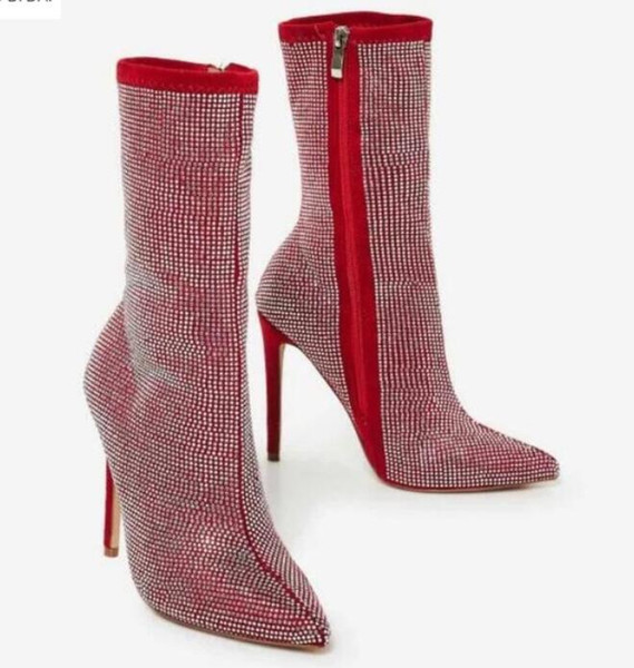 new women diamond boots zip up women ankle booties thin heel full crystal boots ladies point toe rhinestone stud red boots