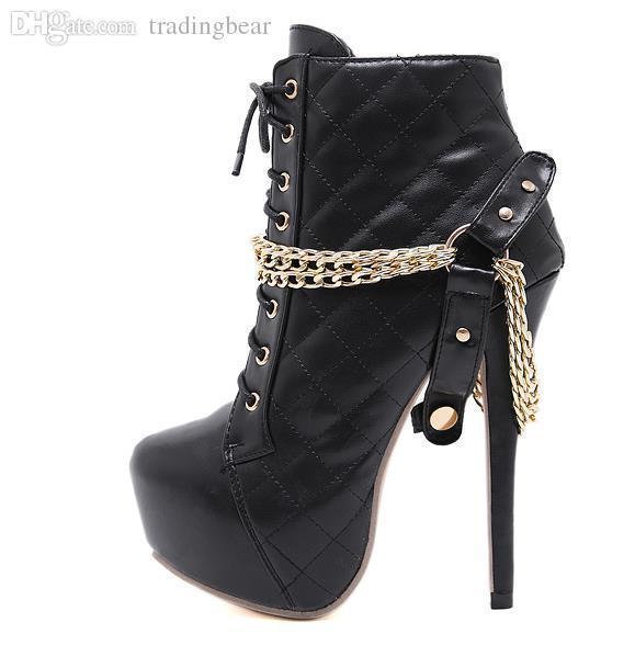 Sexy2019 Gold Chain Grid Design Platform High Heels Designer Boots Women Shoes Size To