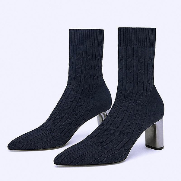 Sexy2019 Pop Designer Women Half Boots High Quality Brand Rough And Elastic Knitting Chunky Heel Winter Comfortable Booties