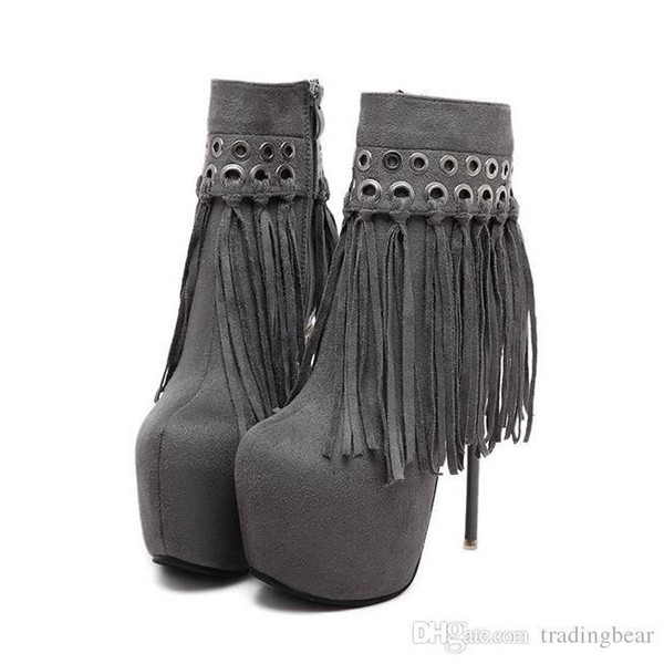 Sexy2019 Ultra Platform High Heels Tassles Boots Women Winter Shoes Grey Size To