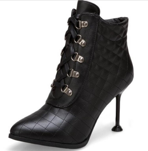 Pop Woman Ankle Boots Thin High Heels Ladies Chaussure Women Gladiator Shoes Cross-tied Lace Up Plaid Pumps Zapatos Mujer