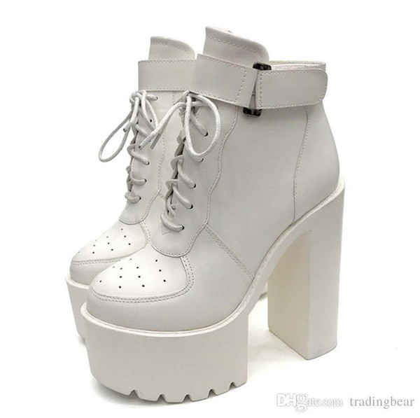 Sexy2019 Buckle Thick Heel Platform Lace Up Designer Boots Pop Luxury Designer Women Winter Ankle Boots White Size To