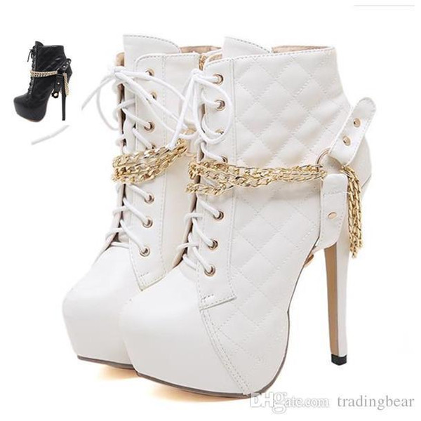 Sexy2019 Women White Wedding Boots Gold Chain Grid Design Platform High Heels Shoes Size To