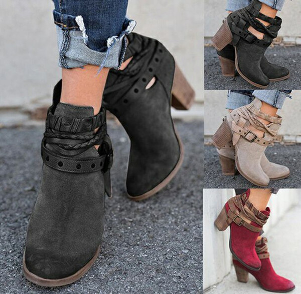 Autumn Winter Women Boots Fashion Casual Ladies shoes Martin boots Suede Leather Buckle High heeled zipper Snow Shoes