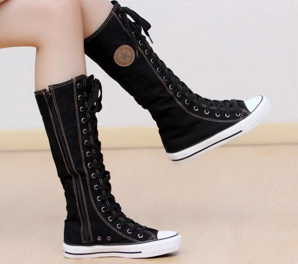 Wholesale-Free Shipping Hot Sale Ladies Girls Canvas Boots Women Punk EMO Knee High Sneakers Fashion Causal Shoes Gothic lace-up Boots