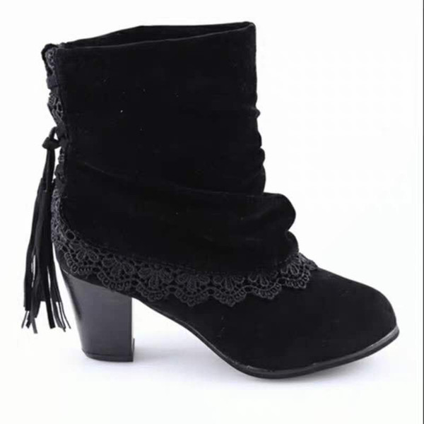 Lace flanged high-heeled fringed coarse-heeled boots Autumn and winter new high-heeled short boots Women's thin-heeled thick-skinned boots S