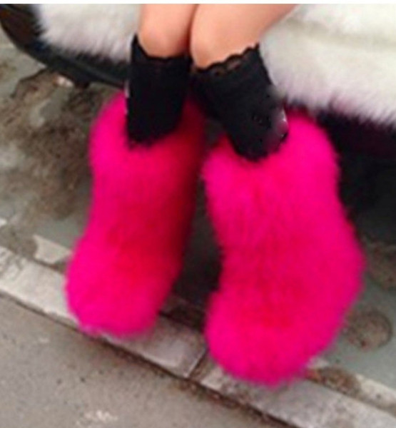 Wholesale-Winter Women genuine real hairy Ostrich Feather furry Fur flats snow boots plush fuzzy warm ski outdoor boots bootie flat shoes