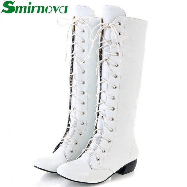 Wholesale-New 2016 Plus size 34-43 Women boots Autumn Winter High Knee boots Sapatos femininos Lace Up Zipper White hot sales