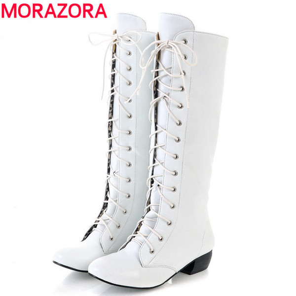 Wholesale-MORAZORA 2016 new fashion knee high boots lace up sexy low heels comfortable high quality autumn winter women boots