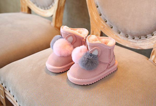 WINTER Fashion Rabbit hair ball Kids Snow Boots cowhide baby warm shoes ankle Boots children Prewalker Girls snow Boots