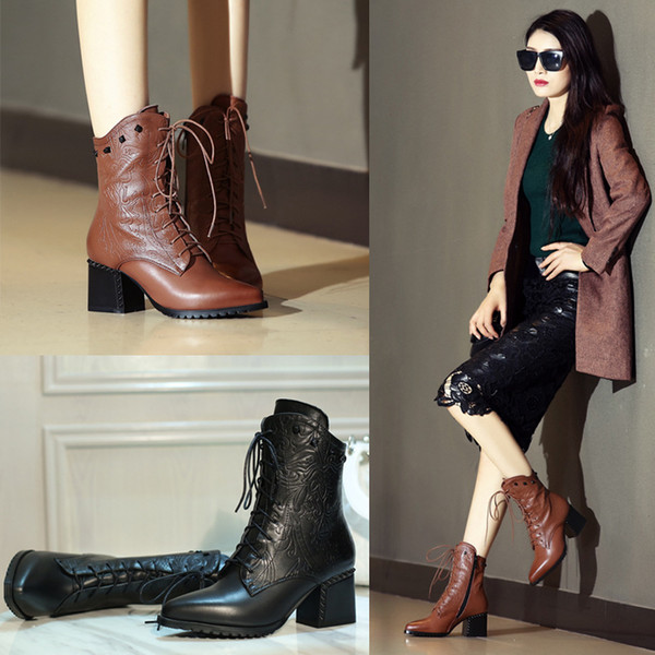 B005 cowhide womens boots Autumn and winter short boots high heels side zipper Martin boots brand designer best selling hot