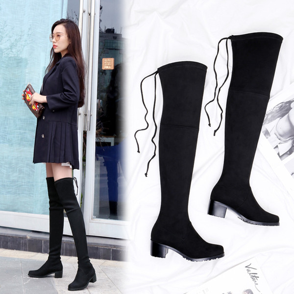 B004 Fall / winter slim knee-high elastic boots round head sleeve thick heel boots leg - wrapped womens boots wholesale best selling