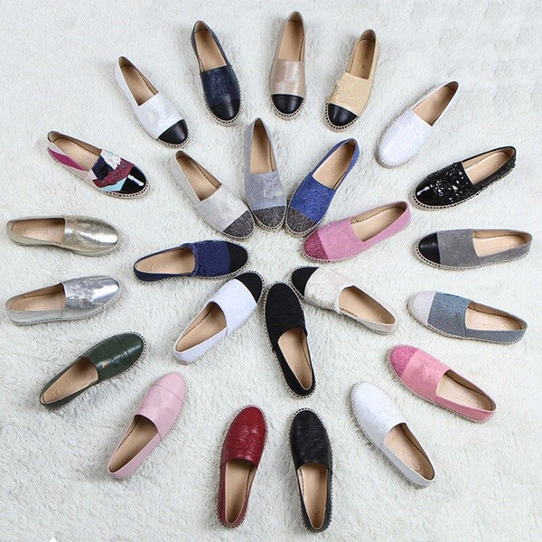 Designer Women Leather Canvas Espadrilles Top Quality Real Lambskin Women Flat Shoes Pearl Espadrilles Size EUR35-42 Come with Box Dust bag