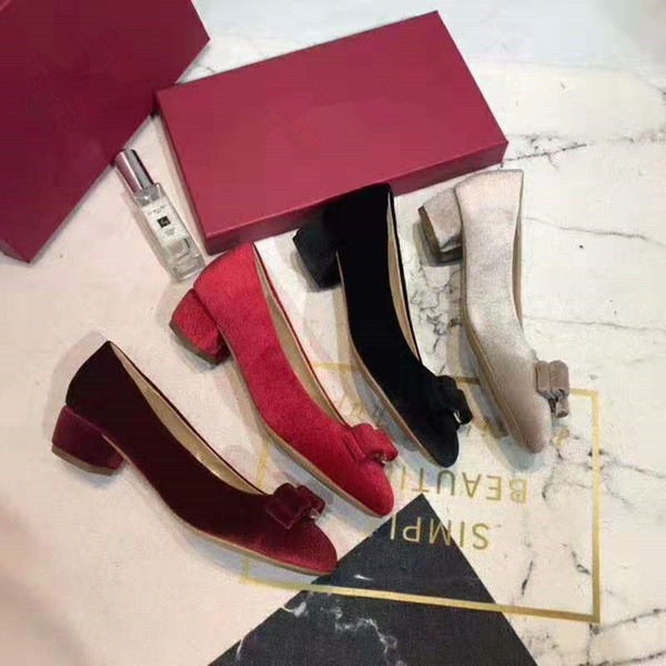 New Designer velvet Women Mid-Heel Girls Pump with Grosgrain Vara Bow bowtie Round Toe Elegant 34-41 Casual Woman Heels pump Fours Colors