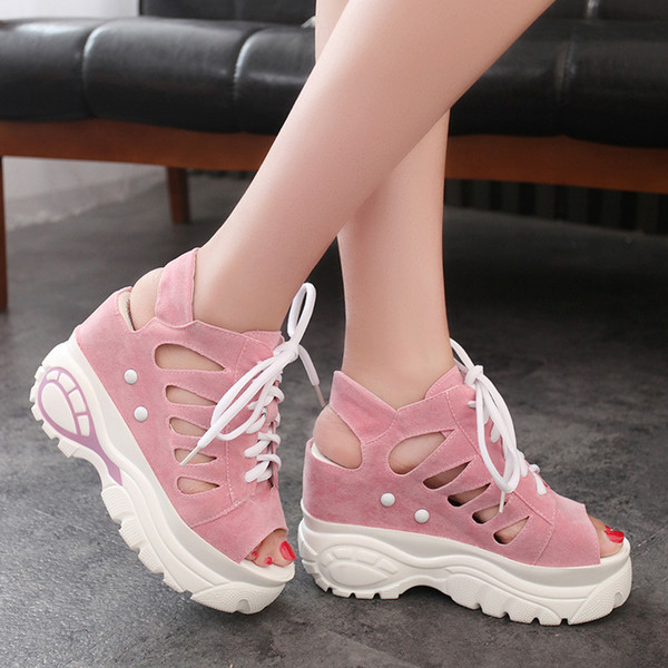 Raised Women's Wedge Heel Waterproof Platform Casual Summer Breathable Fish Mouth Shoes