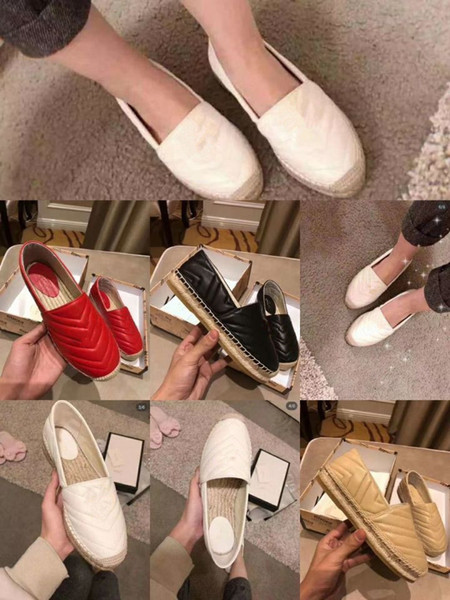 2019 New Famous Style Fashion leather women girl Espadrilles Flat Shoes Summer Loafers Espadrilles Size EUR34-42 double metal with Box