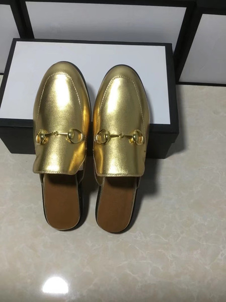 Designer luxury men women Summer golden Princetown Slippers mens Mules Loafers Genuine Leather Flats With Buckle gold leather party With Box