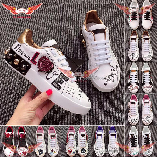 Top Fashion Portofino Printed Nappa Calfskin Casual Shoes Luxury High Quality Mens Women Sneakers with Applications Free DHL 