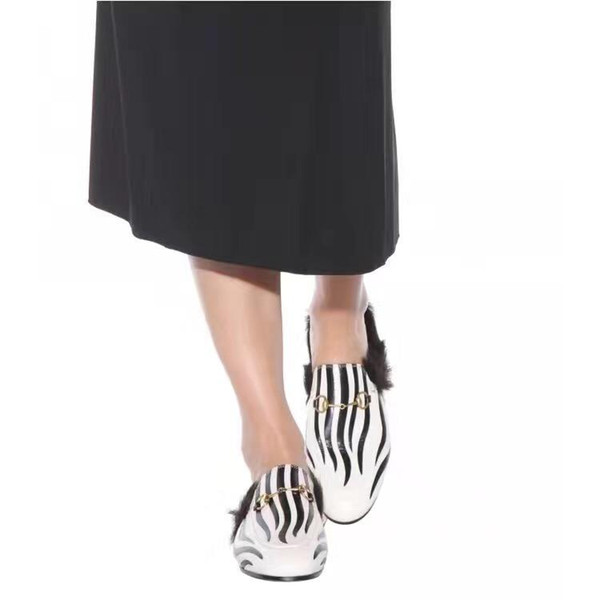 Zebra Princetown slippers woman Le Fu slippers the first layer of leather really rabbit hair slippers lovers flat shoes man