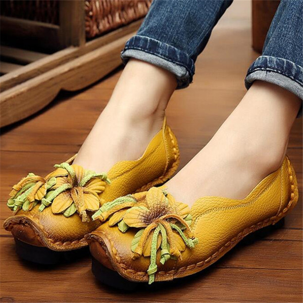 New autumn slip-on shoes Genuine Leather women's flowers 3D soft bottom flat casual sandals national wind women's leather shoes X114