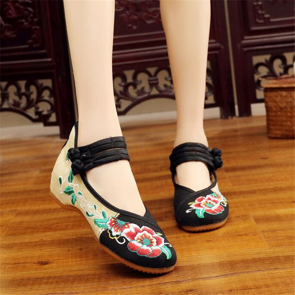 Hibiscus flower pattern high heels for women Embroidered cloth shoes ethnic style beef bottom increased dance shoes X97