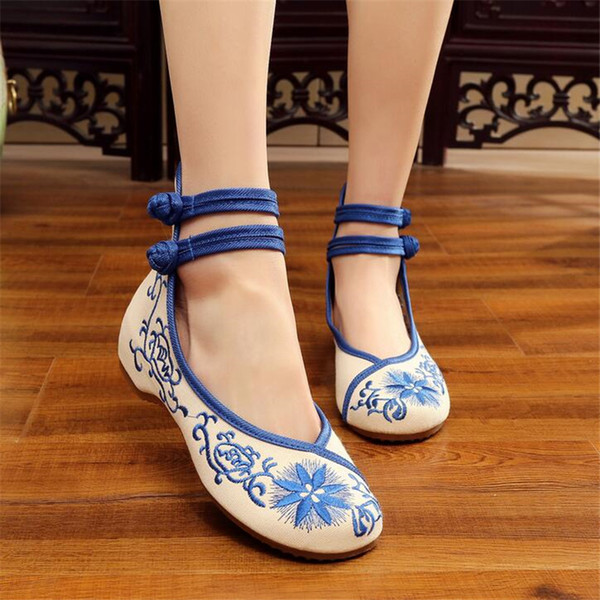 women Pumps cow muscle High heels embroidered cloth shoes fashion ethnic style Increased Internal shoes size 34-41 X80