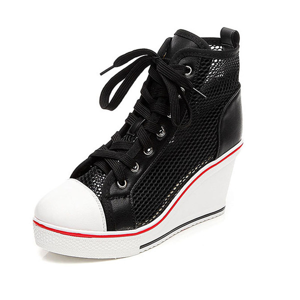 New mesh shoes women's casual lace-up shoes high to help net sand hollow female shoes slope with 8 cm increase. SP-065