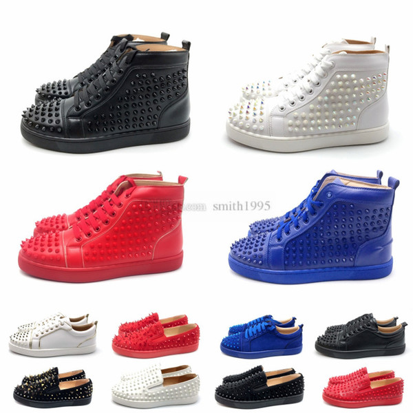 Top Designer Men Women Red Bottom Party Genuine Leather Glittery Bottom Studded Spikes Flats Shoes Fashion Luxury Casual Shoes