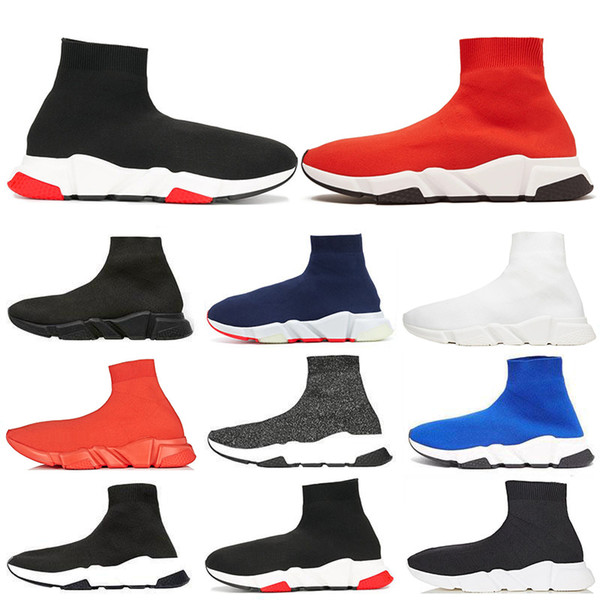 2019 Designer Speed Trainer Men Women High Sock Shoes Black Blue Red Solid Luxury fashion Boots Trainers Runner Walking sneakers