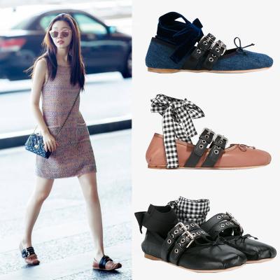 2019 spring and summer ballet style single shoes retro sweet daily bow shallow mouth cross strap single shoes female flat bottom fairy