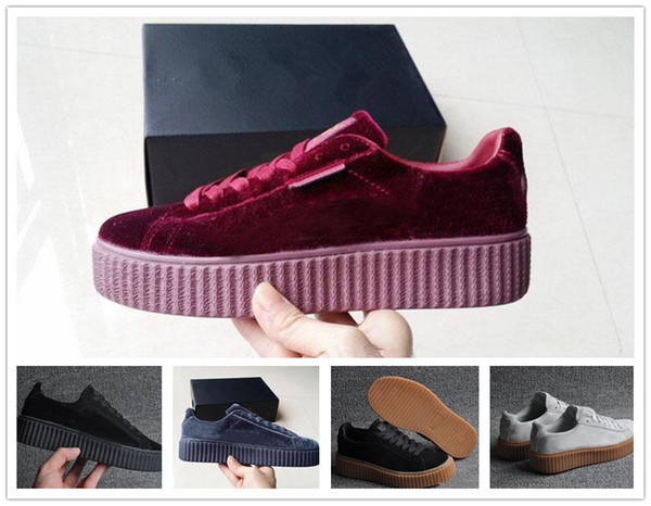 Womens Rihanna Riri Fenty Platform Creeper Velvet Pack Burgundy Black Grey Color Brand Ladies Classic Casual Shoes 36-39