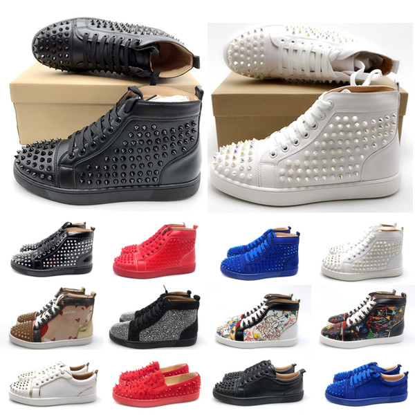 Luxury Designer Red Bottom Studded Spikes Sneakers men women Casual shoes black Party Lovers Rhinestones Leather glitter Girls Boots