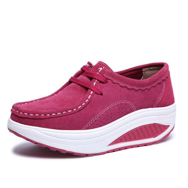 Genuine leather Womens walk wave shoes fuchsia Women casual platform shoe lace up women platforms ladies black shoes zy275