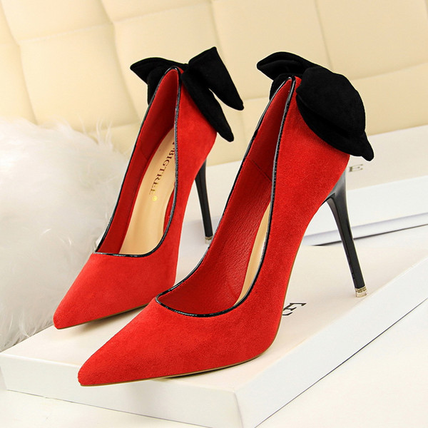 Korean version xiu xiu sweet high heel stiletto high heel shallow pointed head suede back bow women's shoes