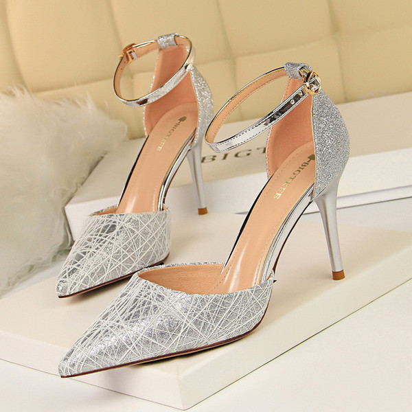 European and American style original boutique Korean version fashion sequinned cloth high heel stiletto high heel hollow shallow mouth