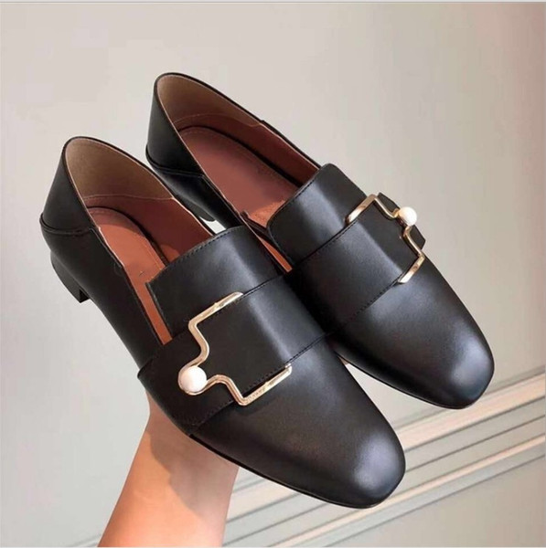 Casual single shoes 2019 Spring Summer Korean version Peas shoes square head Simple women retro buckle flat sheepskin shoes size 34 - 41