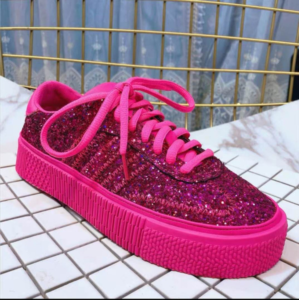 New pink sequins, low-top lace, recreational girls'single shoes, Korean version board shoes, students' thick soles and all-round tidal shoes