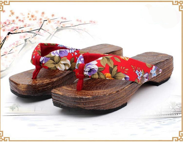 2019 High Quality Burning Paulownia Japanese-style Women Hibiscus Slippers Summer Women's Wooden Slippers Pinch Wood Flat with hibiscus slip