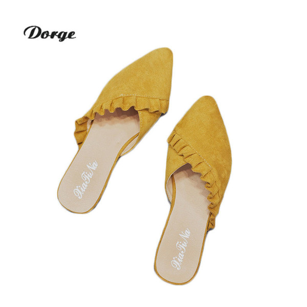 Women's home slippers fur fashionable leather cross pointed lotus leaf edge flat heel sandals women's shoes fork and women's summer indoor b