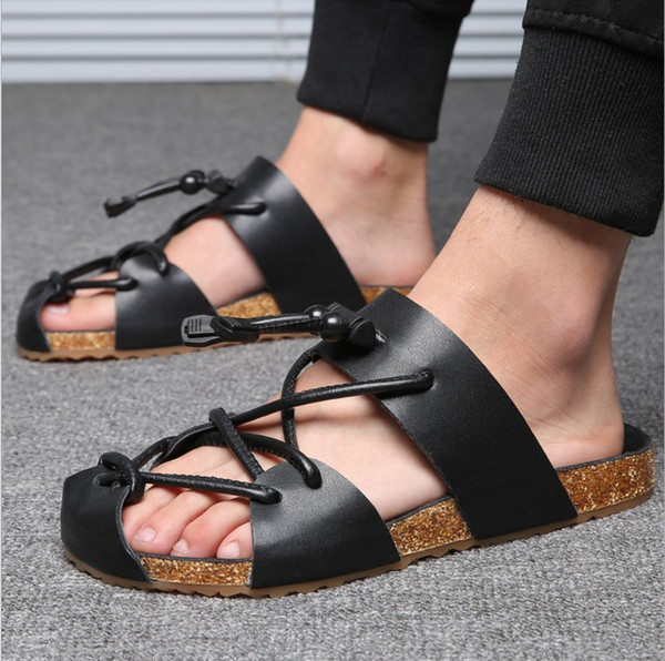 Special Sales Size 38-44 Black White Roman slipper fashion loafer seabeach men's cool genuine leather sandals summer soft flat casual mule