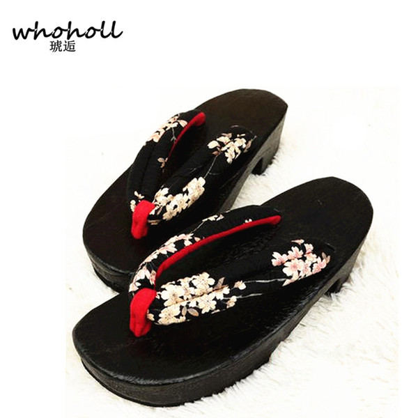 WHOHOLL Women flip-flos summer sandals platform wedge rubber antiskid Japanese cosplay geta clogs wooden slipper shoes