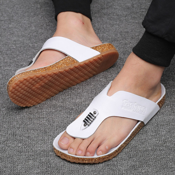 Special Sales Size 38-44 Black White British flip-flops TPR cork slipper fashion loafer seabeach men's cool genuine leather summer casual