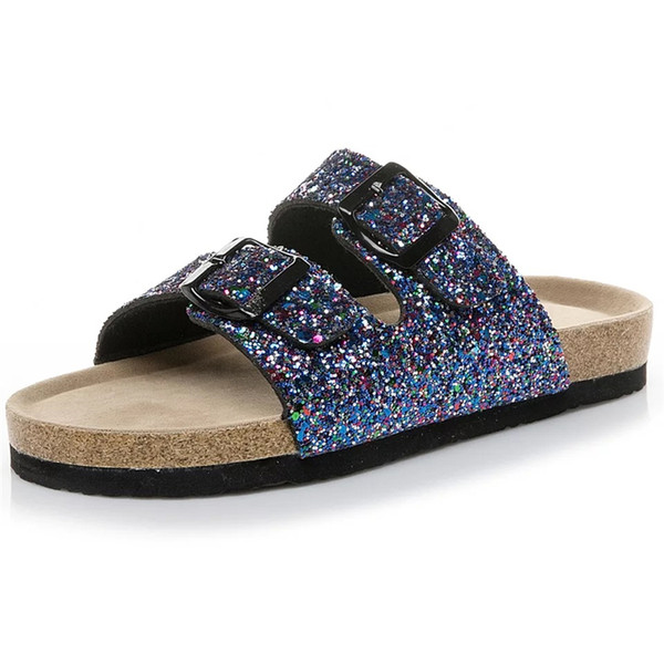 Glitter Clogs for Women Summer Casual Sandals PU Shimery Corks Two Straps with Buckles Desginer Shoes Slides Flats