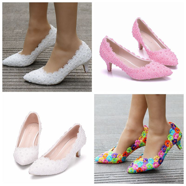 Crystal Queen Women Shoes flower Lace Wedding Shoes 5CM High Heels Shoes White Lace Sweet Pumps Princess Party Heels