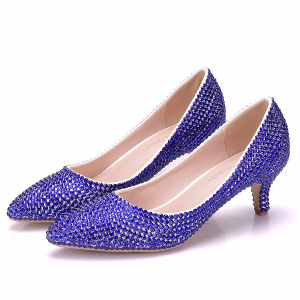 Crystal Queen Women Pumps Crystal Wedding Shoes Pointed Toe High Heels Cinderella Shoes blue Rhinestone 5CM Heels Shoes