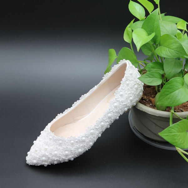 White Lace Pearls Women Wedding Shoes High Quality flat shoes With Ribbons Ladies Party/Dress Shoes Pointed Toes Size EU34-41