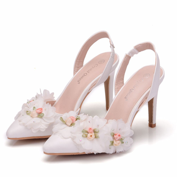 Crystal Queen White Lace Flower Bridal Wedding Shoes Fine Pointed Bride Dress Shoes High heel 10cm Two Type Women Sandals Pumps