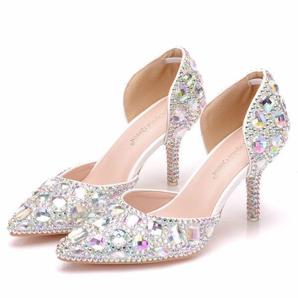 Crystal Queen Women Rhinestone Wedding Shoes Crystal High Heels Sandals Shoes 7CM Pointed Toe Bridal Dress Pumps Lady Shoes