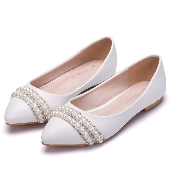 Crystal Queen Women Bridal Shoes handmade Lady pearl white wedding shoes flats sexy Pearl Dress Shoes