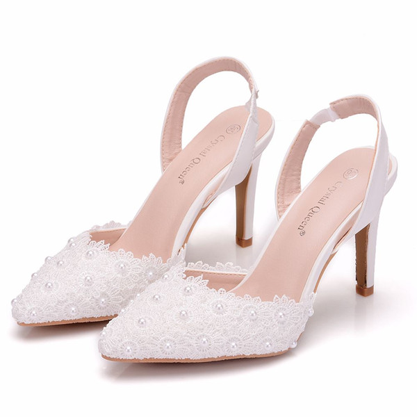 Crystal Queen Pearl White Lace Wedding Shoes Fine Pointed Bride Dress Shoes with High 10cm Two Type Women's Sandals Pumps Flower